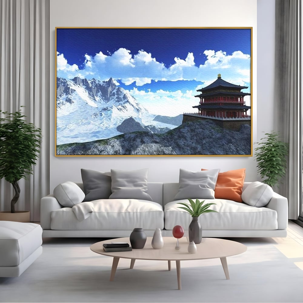 Tablou canvas cu tablou canvas cu pagoda si munti inzapeziti, in rama de aluminiu auriu, pe perete intr-un living